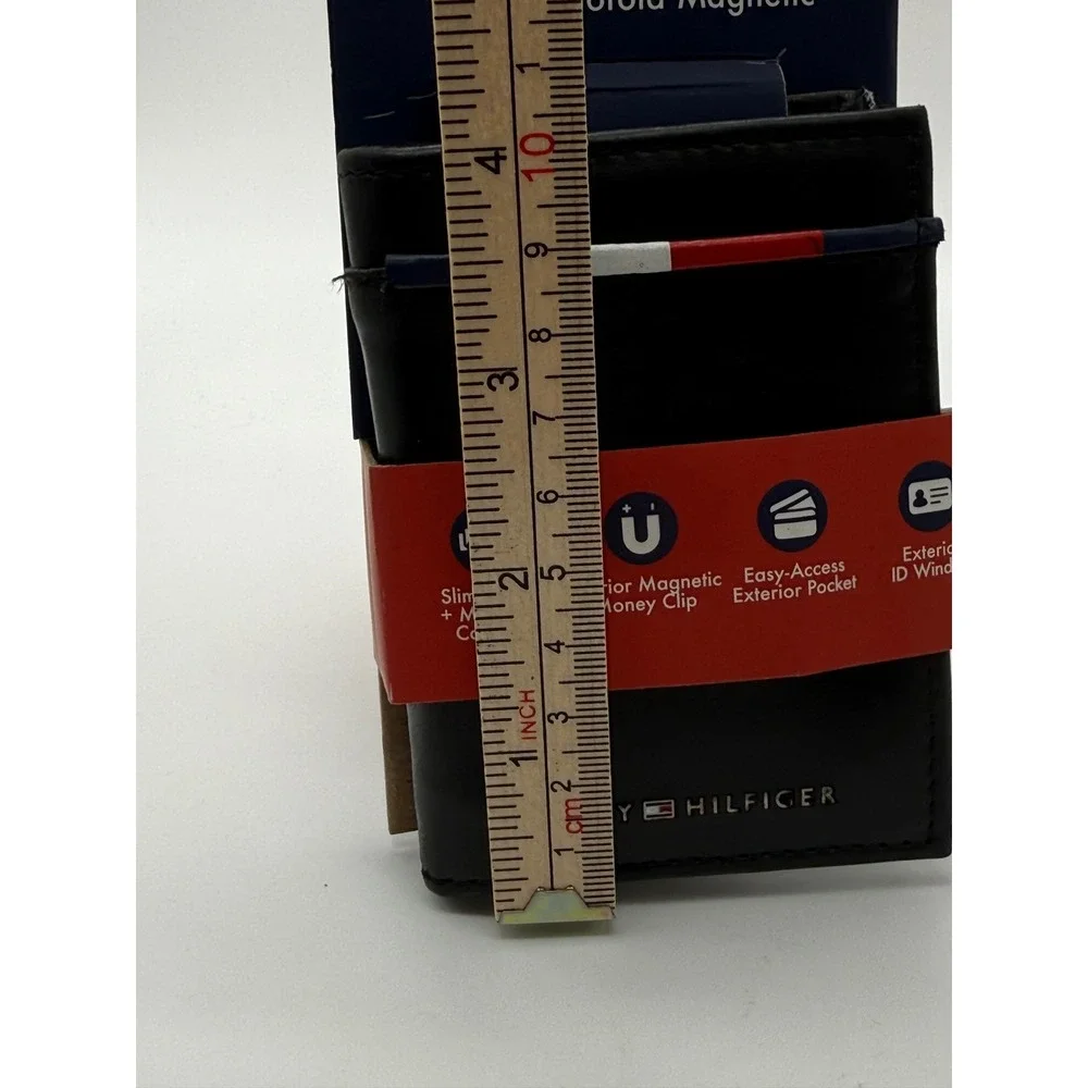 Tommy Hilfiger Mens Micro Duofold Magnetic Wallet Black Leather RFID Slim New